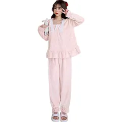 【数量限定】かわいい 裏起毛 肌に優しい 上下セット セットアップ 厚手 秋冬 2点セット 大きいサイズ 部屋着 リボン 冬 秋 レース 長袖 パンツ もこもこ ふわふわ パジャマ レディース ゆったり ルームウェア 防寒 Lyric] 暖かい [TeMibe