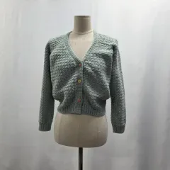 1662 ハンドメイド 手編み カーディガン ミントグレー Vネック ヴィンテージ ボタン 砲兵