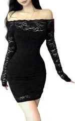 ISLAYCAOLILA オフショルダー ワンピース レース タイト ミニ クラブドレス ベアトップ 長袖 ルーズスリーブ ハイウエスト レディース EA2( ブラック,  XL)