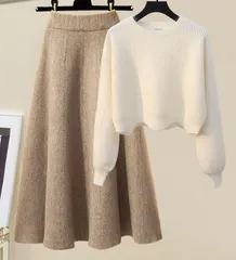 【ライトブラウン】セットアップ ニットトップス ウールスカート 秋冬 上品 カジュアル 体型カバー 韓国風 Aライン ハイウエスト