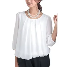 新品 ブラウス レディース フォーマル バルーン オフィス カジュアル スーツ インナーブラウス シフォン 天竺 フロントタック 七分袖 無地 クルーネック ふんわり ビジネス 入学式 入園 卒業 卒園 七五三 白 母 ママ
