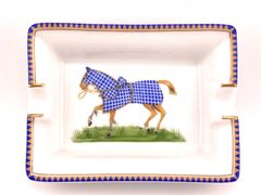 美品 HERMES エルメス ミニ アッシュトレイ 灰皿 馬柄 青 陶磁器 馬柄 小皿 豆皿 マメ皿 箸置き ミニトレー ジュエリートレー メンズ レディース