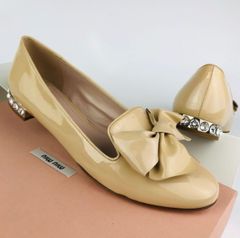 新品未使用★miumiu・ミュウミュウ レディース パテントレザー リボン クリスタルローヒール パンプス（36 1/2）