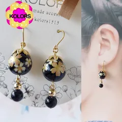 🌸【匿名発送】【ピアス or イヤリング 変更可】【*2416桜転写ビーズ（ブラック） ピアス・イヤリング】2点目より割引 ハンドメイドピアス ハンドメイドイヤリング アレルギー対応 さくら 揺れる 大ぶり  サクラ 黒