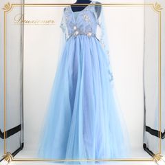 【美品 パーティドレス】ブルー Ri Ri collection ワンピース ドレス 青 水色 レース 演奏会 発表会 パーティ カラードレス Mサイズ 軽やか 可愛い 結婚式 2次会 女子会 おしゃれ