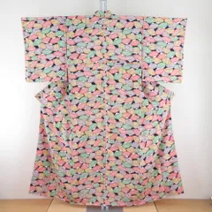 小紋 紺色ｘ多色 扇子模様 正絹 袷 バチ衿 仕立て上がり着物 身丈154cm