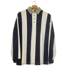 【DINER】 ラガーシャツ／長袖ポロ｜XLサイズ相当｜メンズ｜ホワイト×ネイビー｜ワイドボーダー／トラッド×ストリート／コットン混