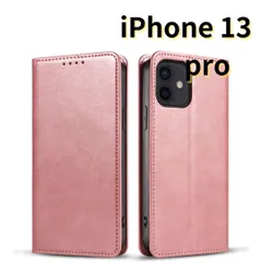 【SHOPS】 iPhone13 pro レザー風 スマホケース 手帳型 ピンク 耐衝撃 マグネット式 カードケース