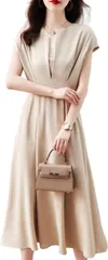 blue beryl ワンピース レディース フレア ミモレ丈 Vネック フレンチ袖 タックダーツ 裏地有 ハイウエスト BB034(ベージュ,  S)
