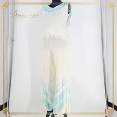 ダンス 衣装 トップス パンツ ズボン タンクトップ ノースリーブ ジャズ 社交ダンス パーティ 発表会 舞台 フリンジ ツーピース セットアップ 上下セット 水色 白 伸縮 ストレッチ ホワイト系 フリンジ付き おしゃれ 華やか 可愛い 軽やか 踊りやすい