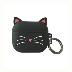 AirPods 3 ケース AirPods第3世代に適用 シリコンカバー ひげ猫 保護ケース エアーポッズ 3 カバー くろ ねこ かわいい アニマル キャラクター 耐衝撃 丸型カラビナ付き (AirPods 3)