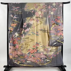 振袖 身丈157.5cm 裄丈65cm M 袷 草花 流水 金彩 染め分け 灰紫 正絹 秀品 【中古】