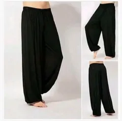 新品　アジアン　エスニック　サルエル　ロングパンツ　黒　無地　ゴム　男女兼用