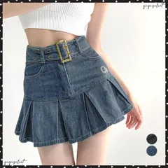 送料無料 ミニデニムプリーツスカート ベルト付きハイウエスト フレアスカート 韓国Aラインスカート レディース 細見えショートスカート おしゃれ ミニボックススカートアメカジデニム脚長 着やせ台形スカート 無地美脚美尻レトロ
