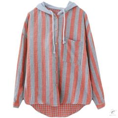 パーカー 長袖 レディース 秋 夏 シャツパーカー フード付き 長袖 シャツパーカー シャツ ブラウス シャツブラウス 長袖パーカー ストライプ 切り替え ボタン ポケット付き ゆったり 体型カバー カジュアル \n min#