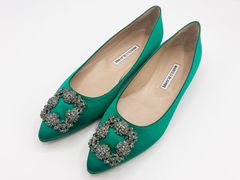 MANOLO BLAHNIK マノロブラニク ハンギシ レディース フラットシューズ サテン グリーン サイズ：38 9XX-0348-0030 未使用品