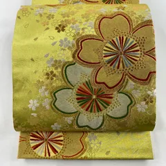 【美品】 袋帯 秀品 振袖向き 桜 花びら 金銀糸 箔 金色 六通 正絹 【中古】
