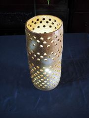 美品】信楽焼 庭園灯 コゲ花彫角 陶器製ライト 間接照明 和風モダン 
