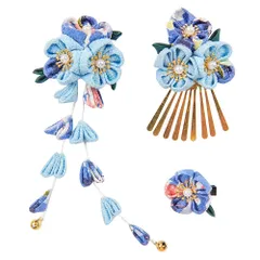 【特価商品】振袖 着物 和装 袴 卒業式 花 鈴付き 飾り つまみ細工 髪 女の子 浴衣 子供 成人式 ヘアアクセサリー 3点セット 5カラー 七五三 (ブルー 髪飾り 3点セット)