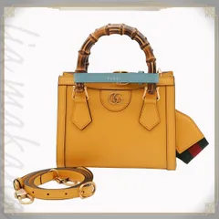 【中古】【S 新品同様品】GUCCI グッチ ダイアナ ミニトートバッグ ハンドバッグ ショルダーバッグ 斜め掛け 肩掛け 2WAY バンブーハンドル ダブルG ウェブストライプ レザー イエロー アンティークゴールド金具 702732 U3ZDT 7480