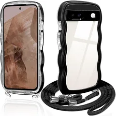 Google Pixel 8a ケース クリア ショルダー グーグル ピクセル8a スマホケース 透明 TPU カバー ストラップ付き 肩掛け 首掛け 紐付き 斜めがけ 創意 個性 可愛い かわいい 韓国 薄型 耐衝撃(ブラック)