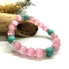 キャッツアイ(ピンク)×ターコイズ パワーストーン ブレスレット  (シルバー) メンズ・レディース　男性・女性　数珠ブレス 開運 [23]　#2
