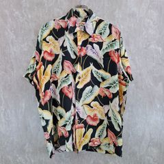 PINEAPPLE JUICE パイナップルジュース ハワイ製 薄手 アンスリウム 葉っぱ 総柄 大柄 胸ポケット ブラック　黒 M アロハシャツ