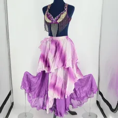 【ベリーダンス用 オリエンタル衣装】パープル スパンコールラメ×ビーズ 紫 白 ラメ フリル レース生地 華やか かわいい 綺麗 きれいめ レディース ふんわり グラデーション キラキラ フリンジ エレガント 女性用 トップス スカート アクセサリー セット