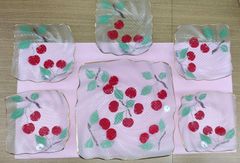 🍒さくらんぼ柄　角皿大１枚小5枚（計６枚セット）ガラス製　金色縁取り　昭和レトロ食器