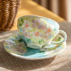 新品ゆずりは工房＊薄紅花景色コーヒー＊碗皿カップ ソーサ― セット 花柄 おしゃれ かわいい カフェ 喫茶店 日本製  陶器 瀬戸焼 和食器 食器 手描き プレゼント 贈り物 ギフト 母の日 敬老の日 誕生日