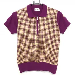 【美品】アディダス 半袖ニットポロシャツ パープル×イエロー 千鳥格子 袖ロゴ ハーフジップ レディース M ゴルフウェア adidas