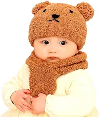ｍiaotti ミャオッティ ベビーニット帽子 マフラー 2点セット くま 赤ちゃん 新生児 冬 耳付き 防寒対策 0～2歳 フリーサイズ(ライトブラウン,  3-3 Years)