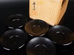 【清宮】景平 「輪島塗 茶托 青貝石目」5客 共箱 幅 約9cm 高さ 約2cm 木製 菓子皿 茶器 茶道具 漆器 漆芸