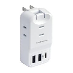 Kashimura NWM-22 Travel Power Strip with USB Ports, 20W PD Power, 2 USB-A Ports, 1 USB-C Port, and 3 AC Power Ports, Compatible with 100V-240V, Reversible, Automatic Identification, White