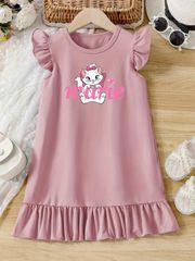 女の子用フリル袖ラウンドネックドレス、ゆったりとしたファッション漫画猫とマリーの文字プリント、かわいいスタイル
