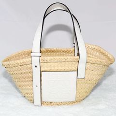 LOEWE ロエベ バスケットスモール ラフィア×レザー カゴバッグ ホワイト ハンドバッグ アナグラム
