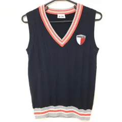 【美品】アディダス ニットベスト ネイビー×オレンジ ケーブル編み コットン混 レディース M/M ゴルフウェア adidas