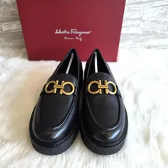 株式会社AGRI(仮)様専用ページ　★美品！Salvatore Ferragamo　(サルヴァトーレ フェラガモ) ガンチーニ 厚底 モカシン ローファー ゴールド金具  カーフ 7.5 24.5㎝ ブラック レディース