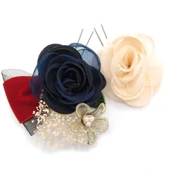 髪飾り 成人式 振袖 浴衣 袴 ２点セット 紺 薔薇 リボン 結婚式 入学式 入園式 卒園式 卒業式 七五三 ブライダル 前撮り 和装 日本製 花 かんざし 簪 フォーマル 花飾り バラ 人気 着物 紺 W 30 323-281 u859　Si