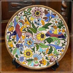 レトロ スペイン セビリア焼 飾り絵皿 27cm プレート セラミック 金彩 ビンテージ 飾り皿 カラフル 鳥 花 バード フラワー 植物 CERAMICAS/SEVILLA/Pimienta 11/Espana 陶器【RU0219-1】