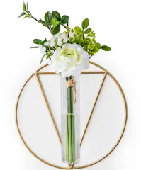 新品 フェイクグリーン 一輪挿し インテリア雑貨 セット 試験管 おしゃれ (サークル（植物なし）) 花瓶 壁掛け [アップフレーム]