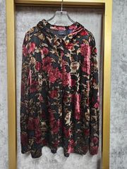 【US古着】LAURA SCOTT Velor See-through Shirt / ベロア シースルー 花柄 総柄 個性的 長袖シャツ レッド ブラック