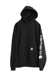 【お得なクーポン配布中!】 カーハート 袖 プリント スウェット フード パーカー メンズ S / 古着 CARHARTT トレーナー プルオーバー 裏起毛 ミドルウェイト ブラック