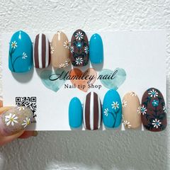 【NO.13】ネイルチップ 春ネイル  ストライプ 手書きフラワー デイジー 花