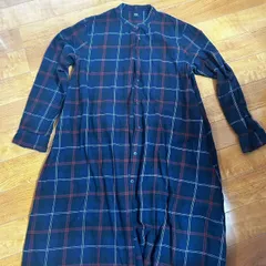 【UNIQLO ユニクロ】　ネイビー系　L　シャツワンピース　チェック　綿１００　カジュアル　ノーカラー