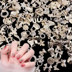【特価セール】ハンドメイド 手芸 ジュエリーパーツ DIY デコパーツ メタルパーツ パーツ ネイルアート 大きめ キラキラ ストーン ランダム形 ネイルパーツ ネイルパーツ リボン ハート くま 花 (ゴールド) 蝶々 うさぎ 立体 3D 50個セット
