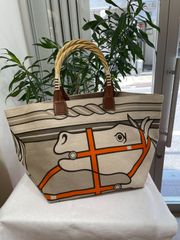 【極美品】HERMES エルメス スティープル 31 ラージトートバッグ トワルアッシュ×バレニア×ストロー ベージュ×フォーブ O刻印□ 中古 ハンドバッグ ショルダーバッグ レディース 女性用 ブランド ブラウン 本革 レザー レア プレゼント バック