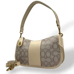 美品 COACH コーチ 2WAY ハンドバッグ ショルダーバッグ スウィンガー シグネチャー C0721 白 アイボリー ベージュ グレー キャンバス レザー ゴールド金具 肩掛け可 斜め掛け可 ミニバッグ ホーボー レディース C3