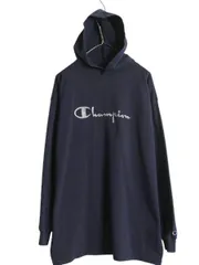 【お得なクーポン配布中!】 90s USA製 チャンピオン フード パーカー メンズ XL オールド プルオーバー 長袖 Tシャツ スクリプト ロゴ 大きいサイズ ヘビーウェイト 紺