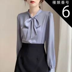 種類6：ブルー/L ゆったり パフスリーブ ボウタイ ブラウス トップス シャツ 長袖 Vネック 襟なし シフォン リボン 前開き かわいい 大人可愛い きれいめ シンプル カジュアル 大人 上品 おしゃれ 大人女子 こなれ感 ラブリー キュート モード系 エ